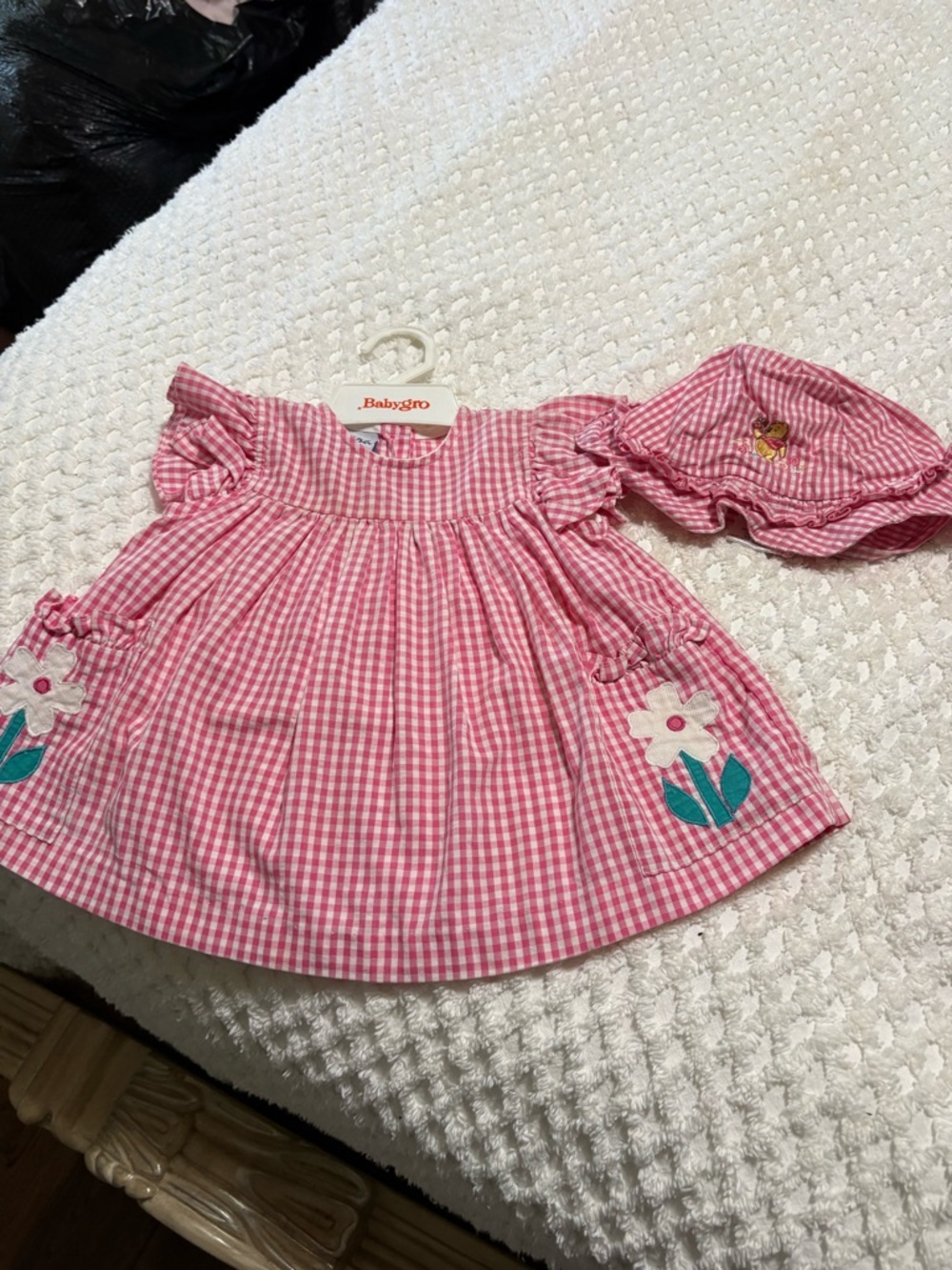 Vintage BabyGRO Pink Gingham Baby Dress with Flower Appliqués and Matching Hat